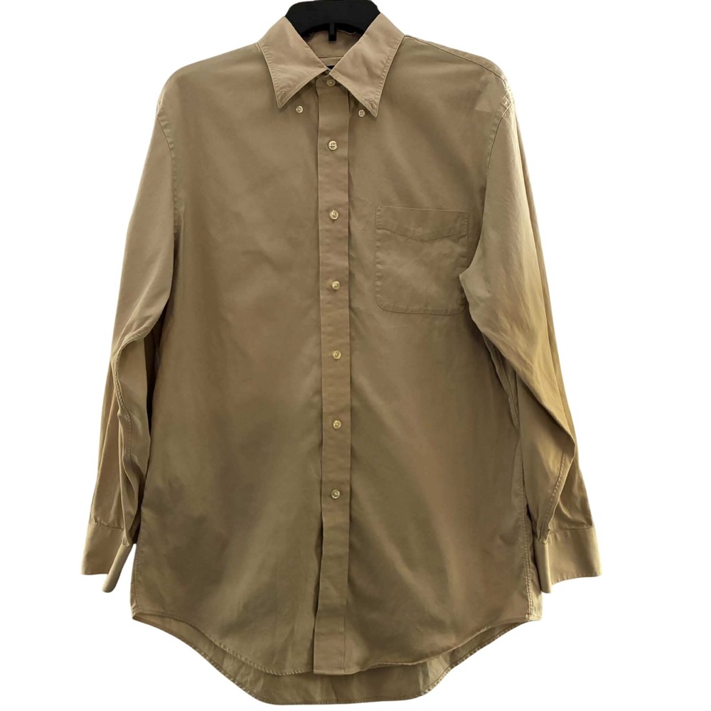 Lands End Button Down Shirt Mens 15.5-33 Tan Regular Fit Cotton Khaki